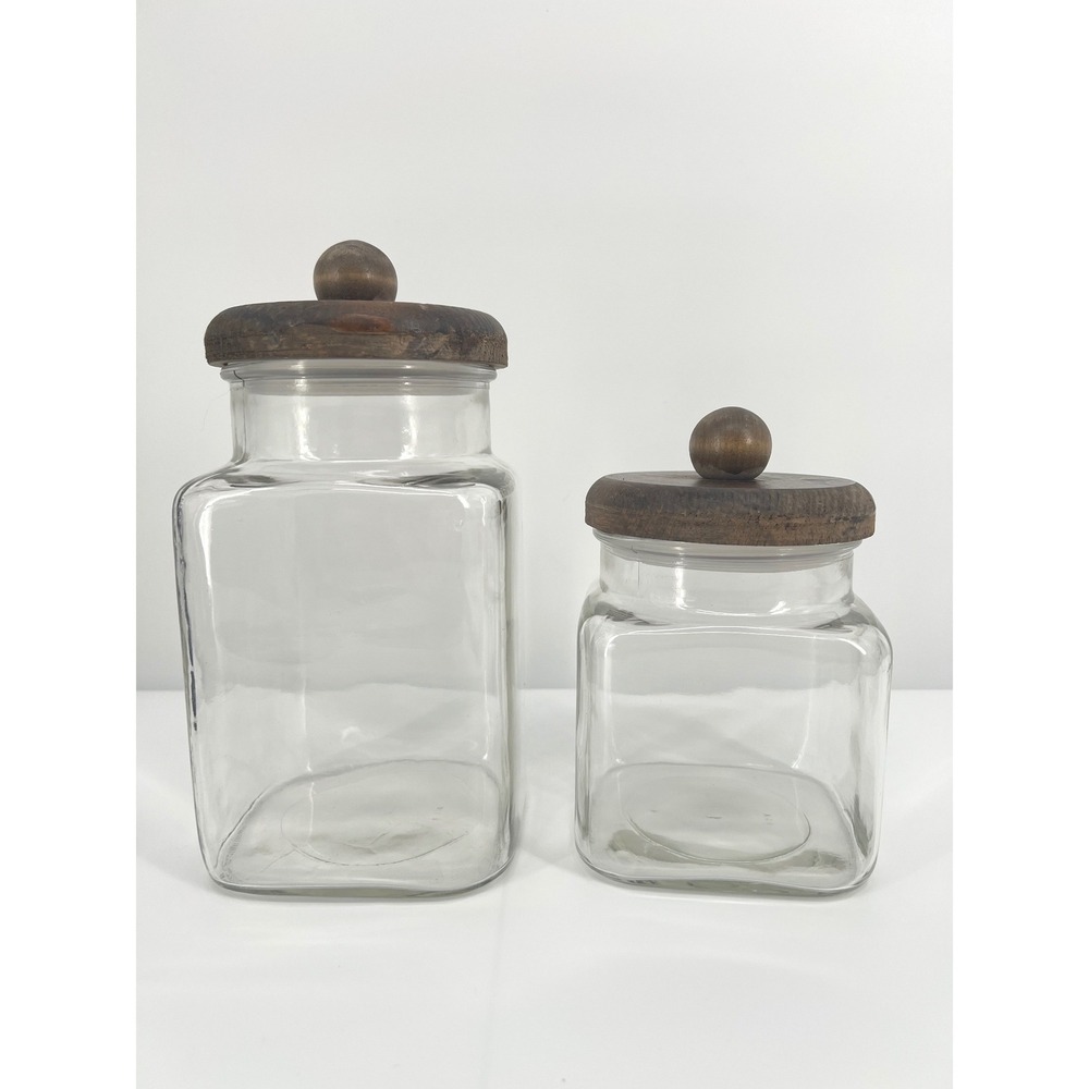 Vintage Anchor Hocking Clear Glass Canister Set Wood Lids Farmhouse Rustic